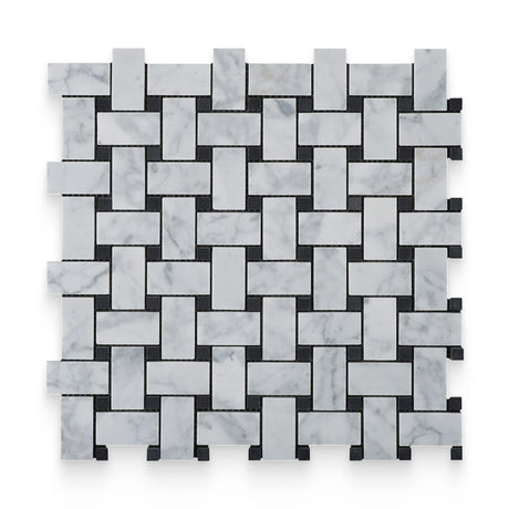 1x2 Carrara White Honed Black Dot Basketweave Mosaic