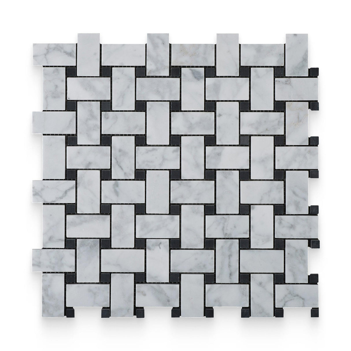 1x2 Carrara White Polished Black Dot Basketweave Mosaic