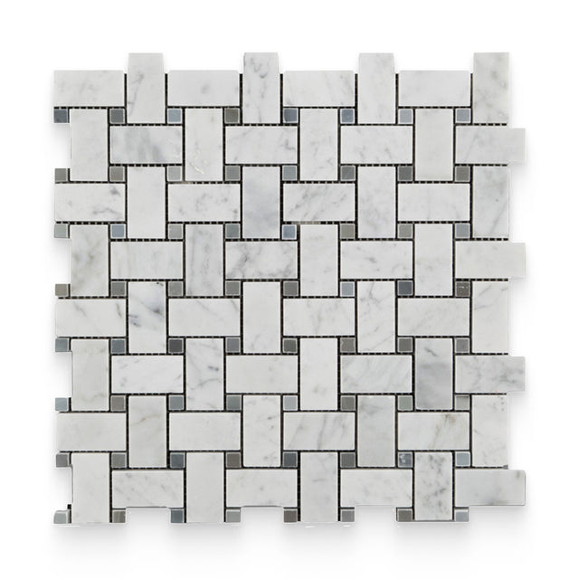 1x2 Carrara White Honed Blue Dot Basketweave Mosaic