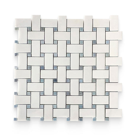 1x2 Thassos White Honed Blue Dot Basketweave Mosaic